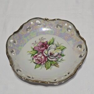 Trimont Ware Bowl White Reticulated Gold Rimmed ‎ Roses Vintage Japan